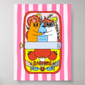 レトロピンクのサーディン猫イラスト キッチン ポスター