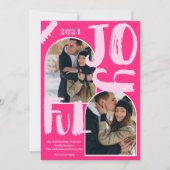 レトロピンクのスクリプト2枚の写真アーチ喜びのクリスマス シーズンカード (正面)