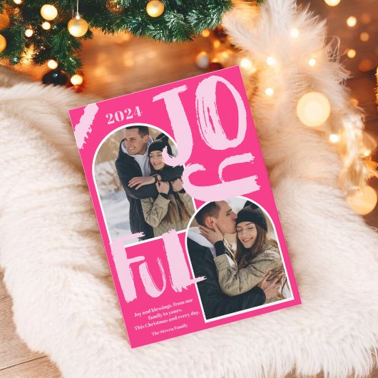 レトロピンクのスクリプト2枚の写真アーチ喜びのクリスマス シーズンカード