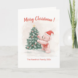 レトロピンクのテディベア クリスマスカード