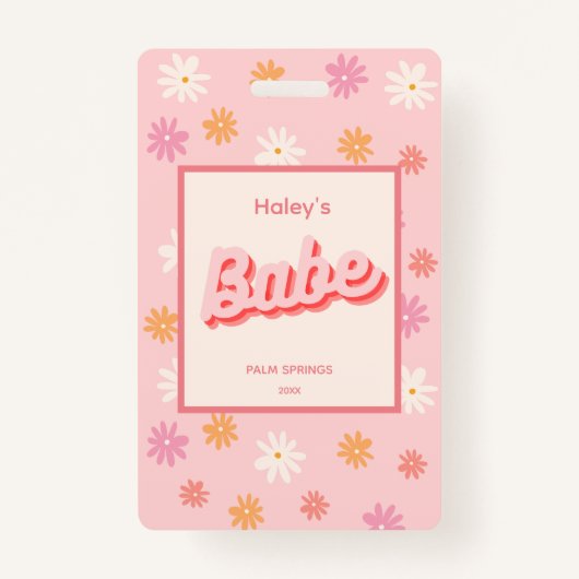 レトロピンクのデイジーバチェロレッテパーティーVIPパス バッジ (正面)