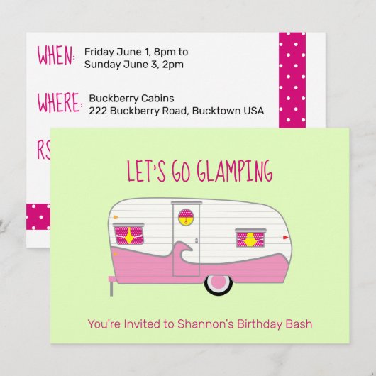 レトロピンクのハム缶トレーラー グランピング 招待状 (正面/裏面)