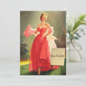 レトロピンクのボールガウンの女性は、日付を保存 カード (スタンド正面)
