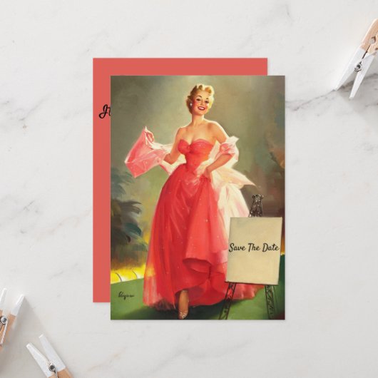 レトロピンクのボールガウンの女性は、日付を保存 カード (正面/裏面インサイチュ)