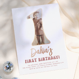 レトロピンクの写真で1歳の誕生日をお祝い Shiny Groovy One 箔招待状