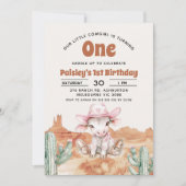 レトロピンクの牛コウガール ウェスタン 1歳誕生日 招待状 (正面)