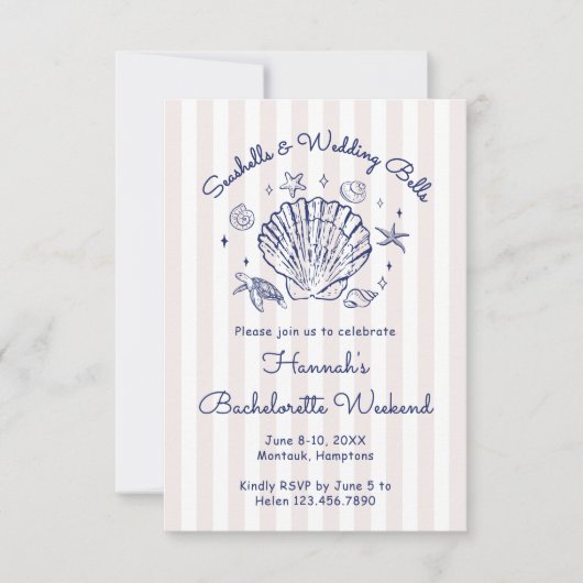 レトロピンクの貝殻とウェディングベルのバチェロレッテ 招待状 (正面)