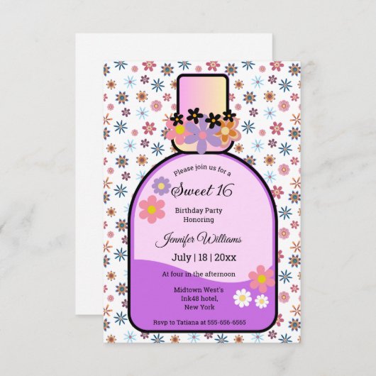 レトロピンクの香りボトルフローラスウィート16 招待状 (正面/裏面)