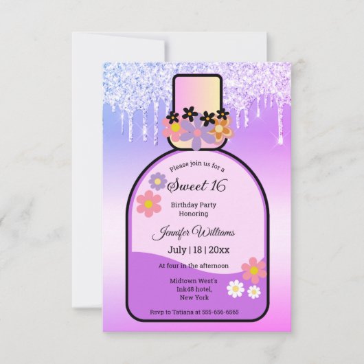 レトロピンクの香り甘い16滴のグリッター 招待状 (正面)