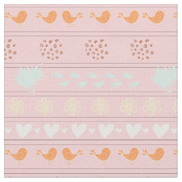 レトロピンクの鳥のパターン，ドット，花， ファブリック