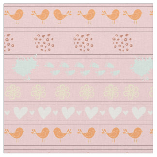 レトロピンクの鳥のパターン，ドット，花， ファブリック