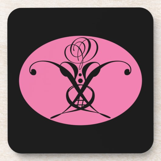 レトロピンクアンドブラックフローリッシュバラ コースター (正面)