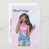 レトロピンクアンドブルードーナツガールバチェロレッテ 招待状 (正面/裏面)