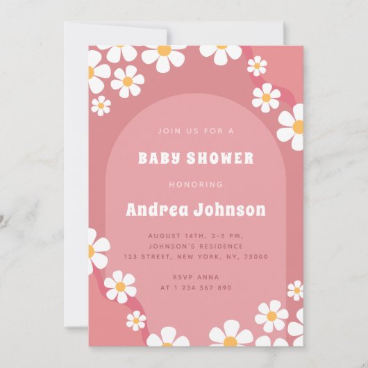レトロピンクアーチデイジーフローラガールベビーシャワーボホ 招待状 (正面)