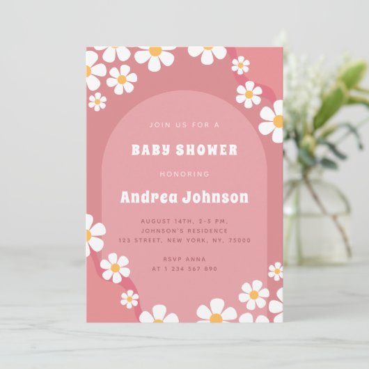 レトロピンクアーチデイジーフローラガールベビーシャワーボホ 招待状 (スタンド正面)