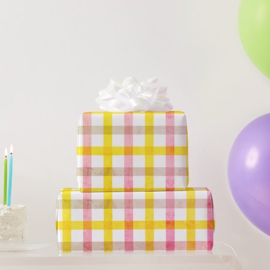 レトロピンクイエローチェックパターンイースターガーリー ラッピングペーパー (パーティーギフト)