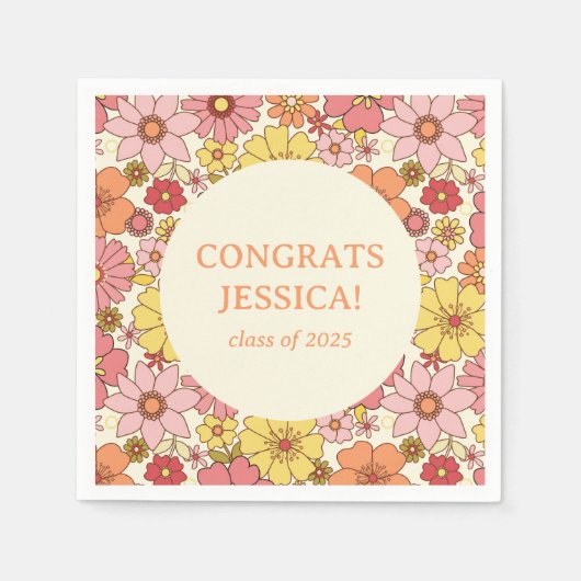 レトロピンクイエローフローラGroovy卒業パーティー スタンダードカクテルナプキン (正面)