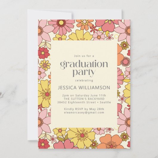 レトロピンクイエローフローラGroovy卒業パーティー 招待状 (正面)