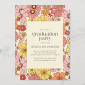 レトロピンクイエローフローラGroovy卒業パーティー 招待状 (正面/裏面)