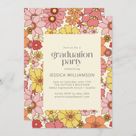 レトロピンクイエローフローラGroovy卒業パーティー 招待状 (正面/裏面)