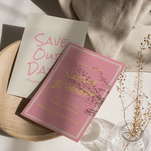 レトロピンクエカラフルロパステルファンキース結婚ズ セーブザデート