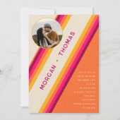 レトロピンクオストライプレンジ70s 80s QRコード結婚s 招待状 (正面)