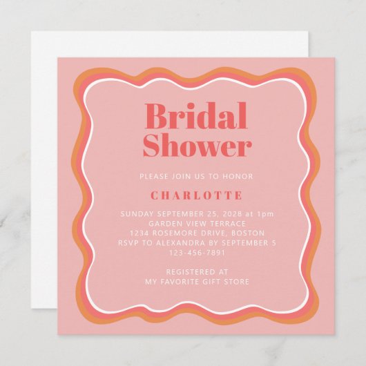 レトロピンクオレンジウェー縁どブライダルシャワー 招待状 (正面/裏面)