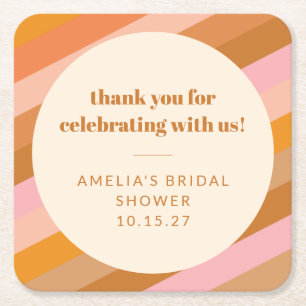 レトロピンクオレンジカスタムブライダルシャワーありがとう スクエアペーパーコースター