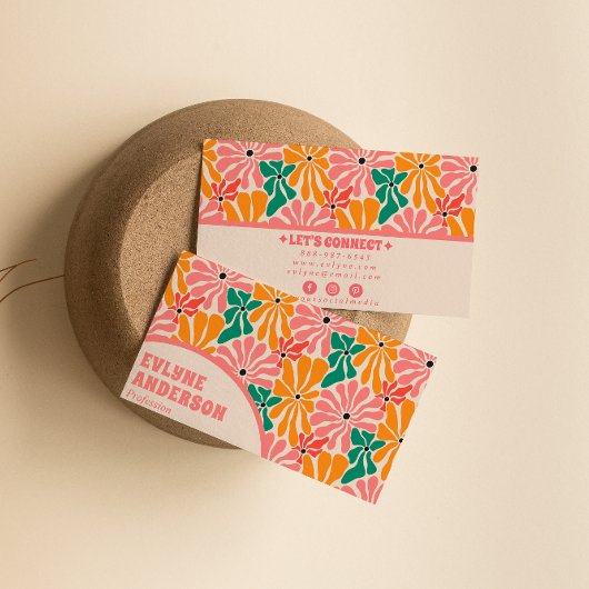 レトロピンクオレンジグルーヴィーフローラボーホガーリートレンディー 名刺