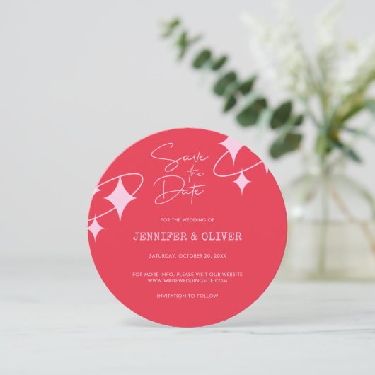 レトロピンクオレンジディスコボールウェディング日付を保存 招待状 (スタンド正面)