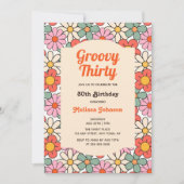 レトロピンクオレンジフローラGroovy 30th誕生日 招待状 (正面)