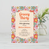 レトロピンクオレンジフローラGroovy 30th誕生日 招待状 (スタンド正面)