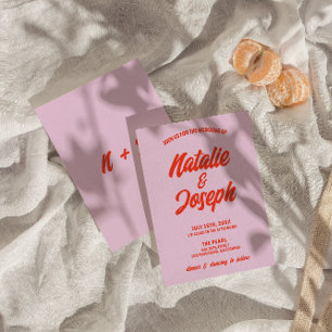 レトロピンクオレンジブライトファンキーユニークズ結婚ス 招待状