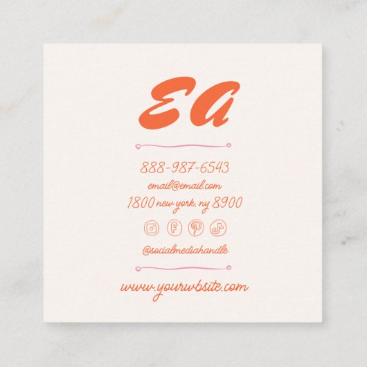 レトロピンクオレンジ書色の手描グルーヴィガーリー スクエア名刺 (裏面)