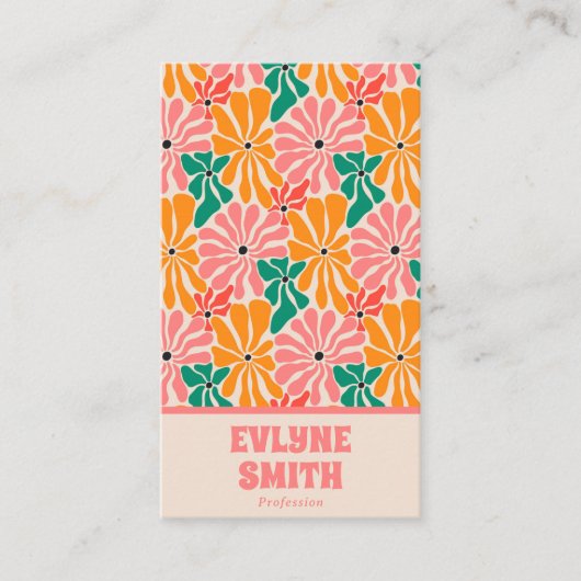 レトロピンクオレンジQRコードGroovyフローラトレンディー 名刺 (正面)