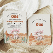 レトロピンクカウズ女性のカーボーイウェスタン1歳の誕生日 招待状
