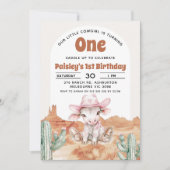 レトロピンクカウズ女性のカーボーイワイルドウェスト1st誕生日 招待状 (正面)