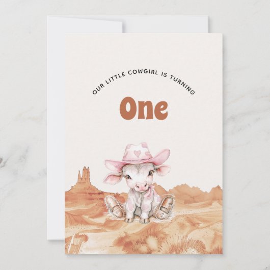 レトロピンクカウズ女性のカーボーイワイルドウェスト1st誕生日 招待状 (裏面)