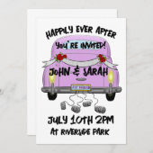 レトロピンクカーたった今結婚しました結婚式招待状 招待状 (正面/裏面)