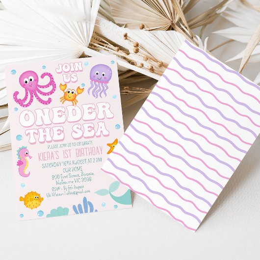 レトロピンクガールズオンダザシーファースト誕生日 招待状