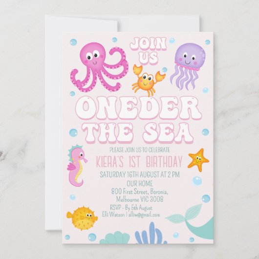 レトロピンクガールズオンダザシーファースト誕生日 招待状 (正面)