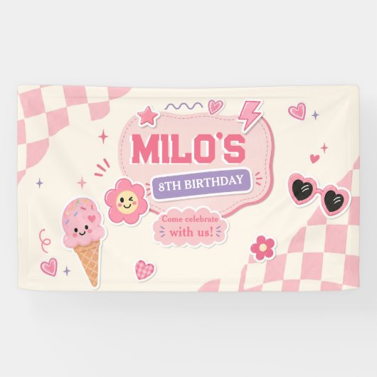 レトロピンクガール誕生日 横断幕 (横)