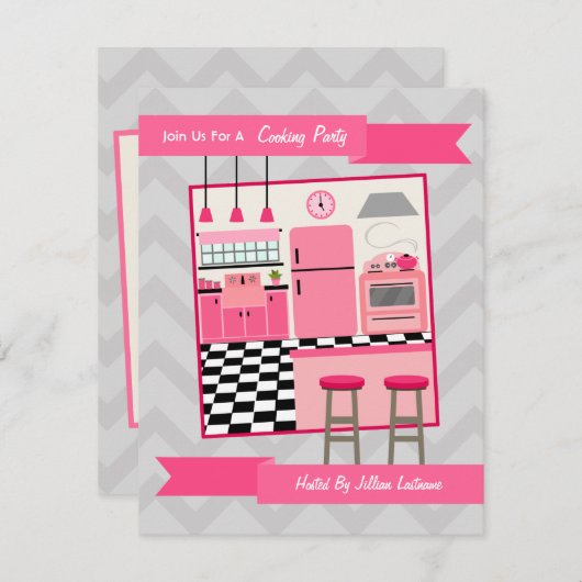 レトロピンクキッチン料理パーティー招待状 招待状 (正面/裏面)