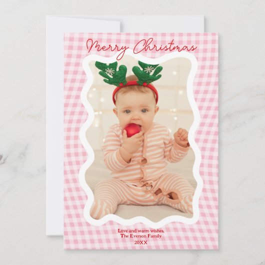 レトロピンクギンガムメリークリスマスウェーブー2枚の写真 シーズンカード (正面)
