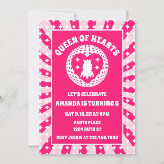 レトロピンククイーンオブハート誕生日 招待状 (正面)
