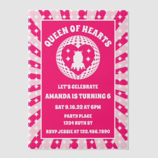 レトロピンククイーンズオブハートバースデーパーティー ベラム紙招待状 (正面)