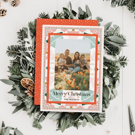 レトロピンククリスマスツリーズホリデーフォトカード 招待状