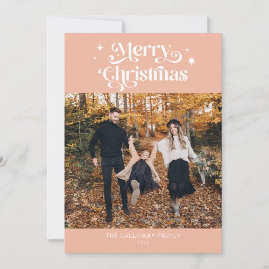 レトロピンククリスマスフォトホリデーカード シーズンカード (正面)