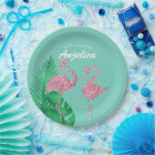 レトロピンクグリッターフラミンゴとパーム葉 ペーパープレート (パーティー)