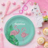 レトロピンクグリッターフラミンゴとパーム葉 ペーパープレート (パーティー)